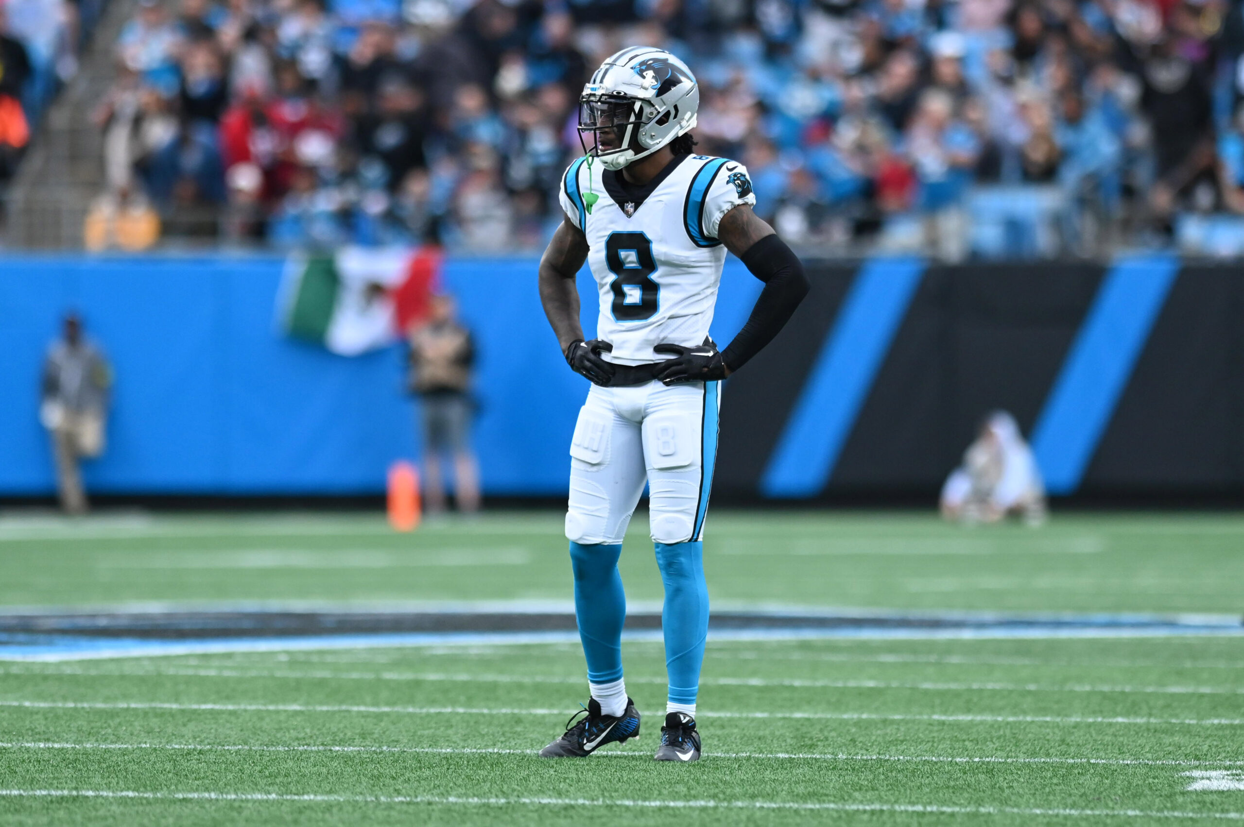 Carolina Panthers cornerback Jaycee Horn (8) lines up during the